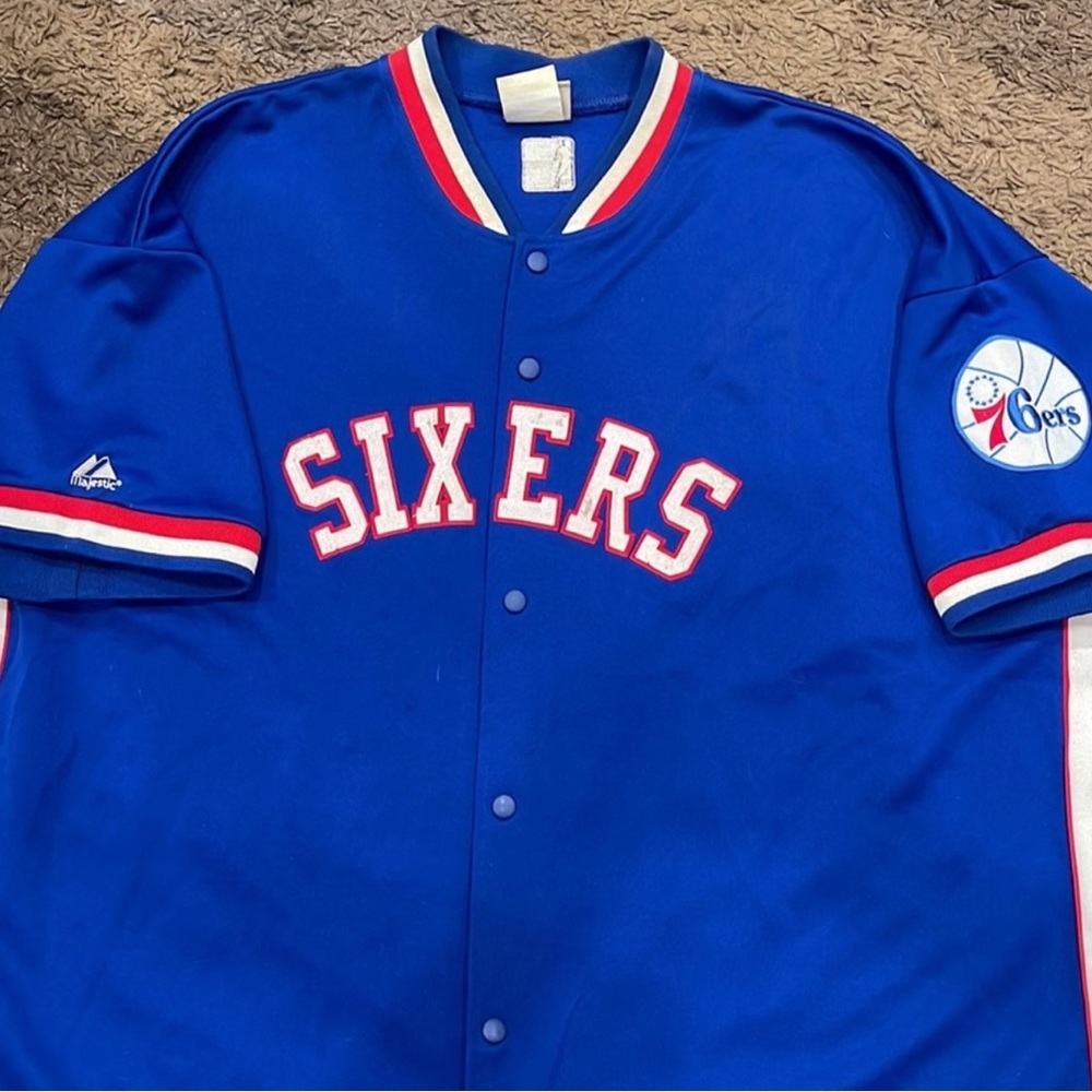 Philadelphia 76ers￼ ￼Warm Up Shooting Jacket Majestic Hardwood Classic Blue 3XL